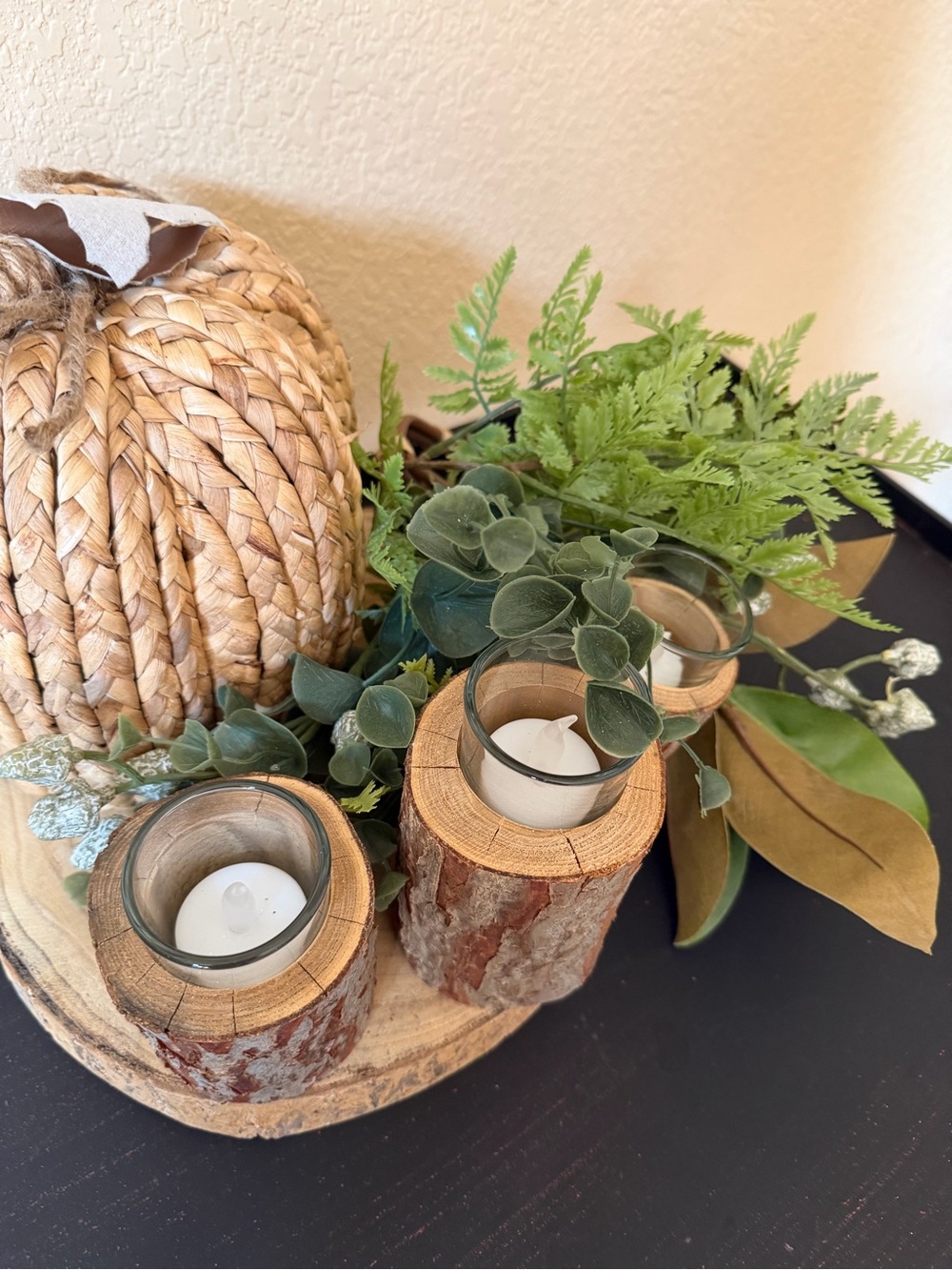Rustic Lodge Cabin Wood Bark Votive Candle Holders & Pumpkin Fall Centerpiece - Picture 14 of 16